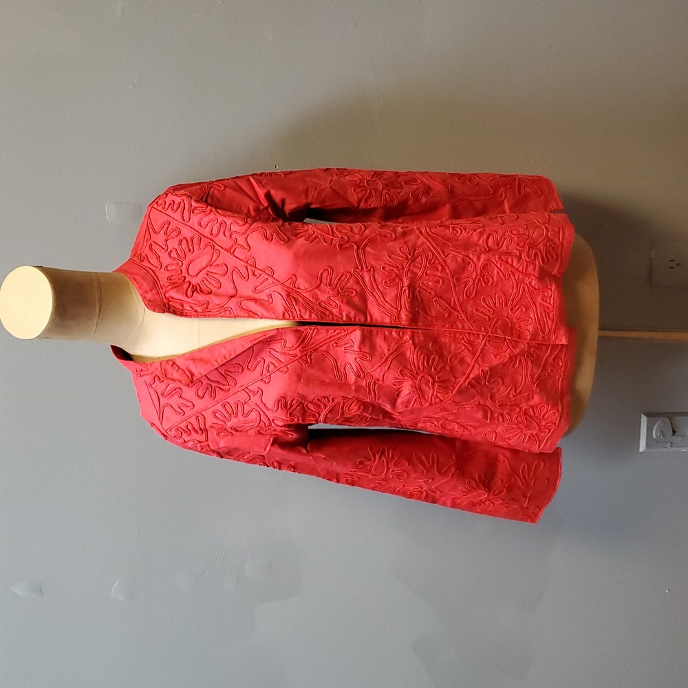 Womens Vintage 90s‎  Red Linen Embroidery Floral